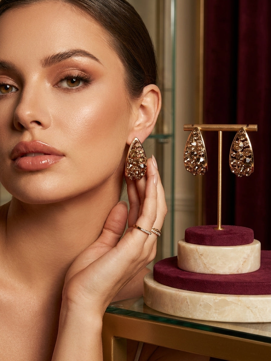 Elegant Teardrop Crystal Earrings - Smoky Quartz Gold-Tone Statement Jewellery
