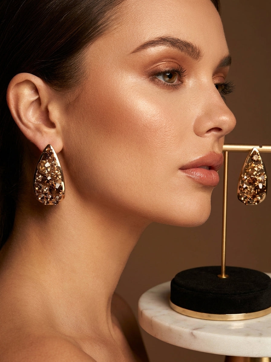 Elegant Teardrop Crystal Earrings - Smoky Quartz Gold-Tone Statement Jewellery