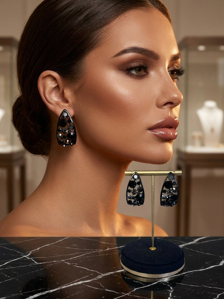 Elegant Teardrop Crystal Earrings - Smoky Quartz Black-Tone Statement Jewellery