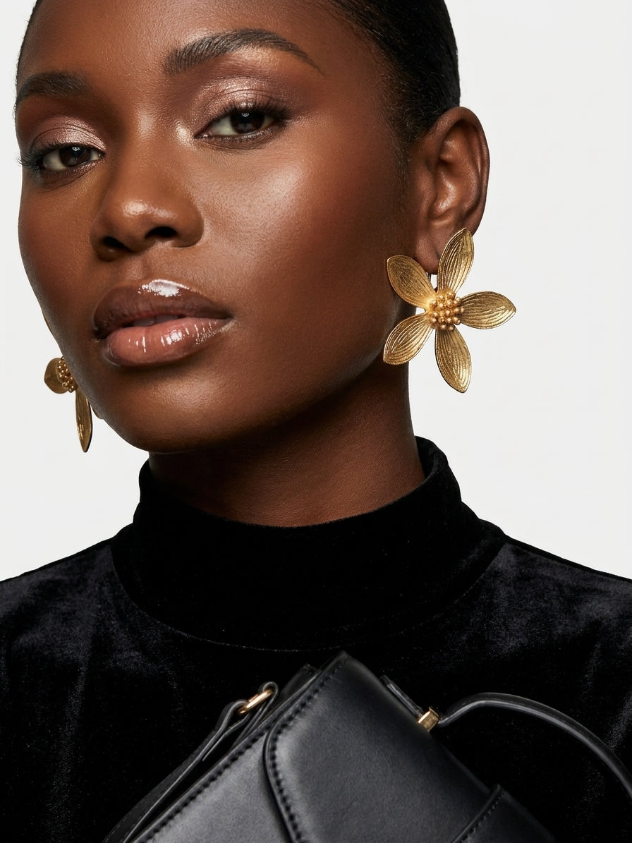 Elegant Gold-Toned Floral Statement Earrings - Textured Bloom Jewelry for Women