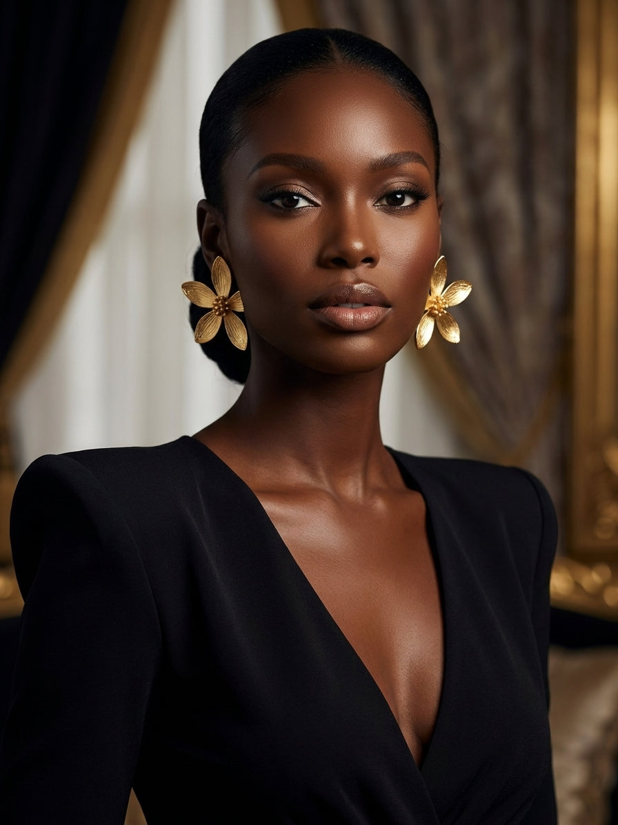 Elegant Gold-Toned Floral Statement Earrings - Textured Bloom Jewelry for Women