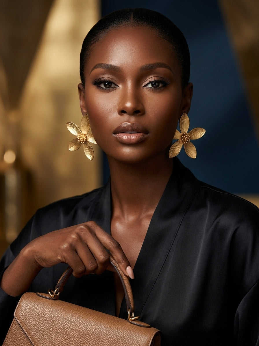 Elegant Gold-Toned Floral Statement Earrings - Textured Bloom Jewelry for Women