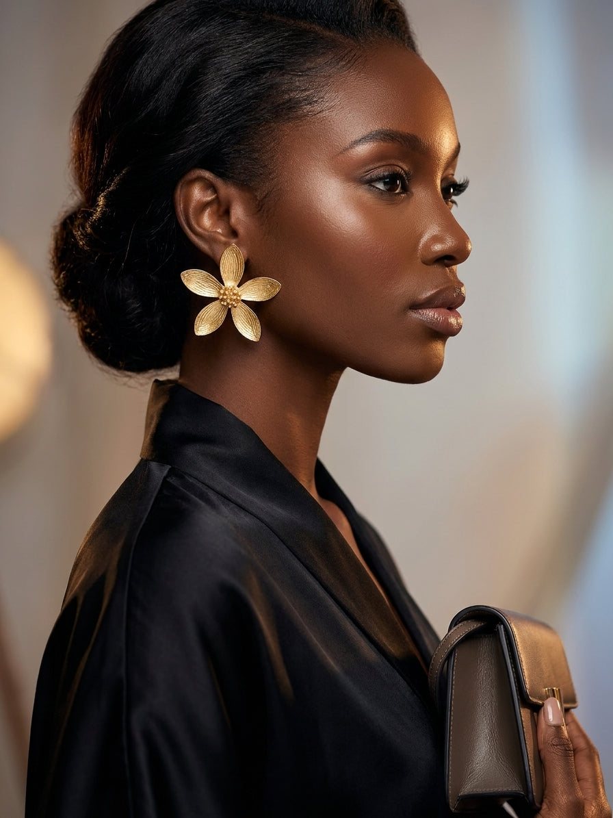 Elegant Gold-Toned Floral Statement Earrings - Textured Bloom Jewelry for Women