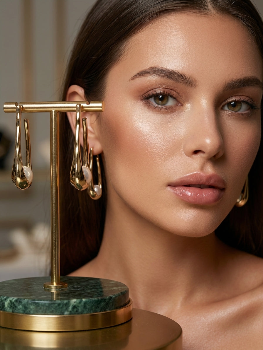 Modern Gold-Toned Abstract Hoop Earrings with Pearl Accents - Elegant Contemporary Jewellery