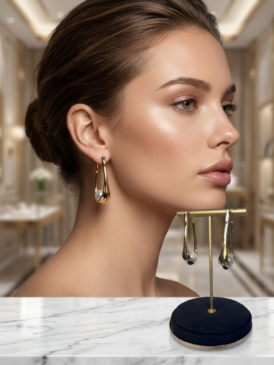 Modern Gold-Toned Abstract Hoop Earrings with Pearl Accents - Elegant Contemporary Jewellery