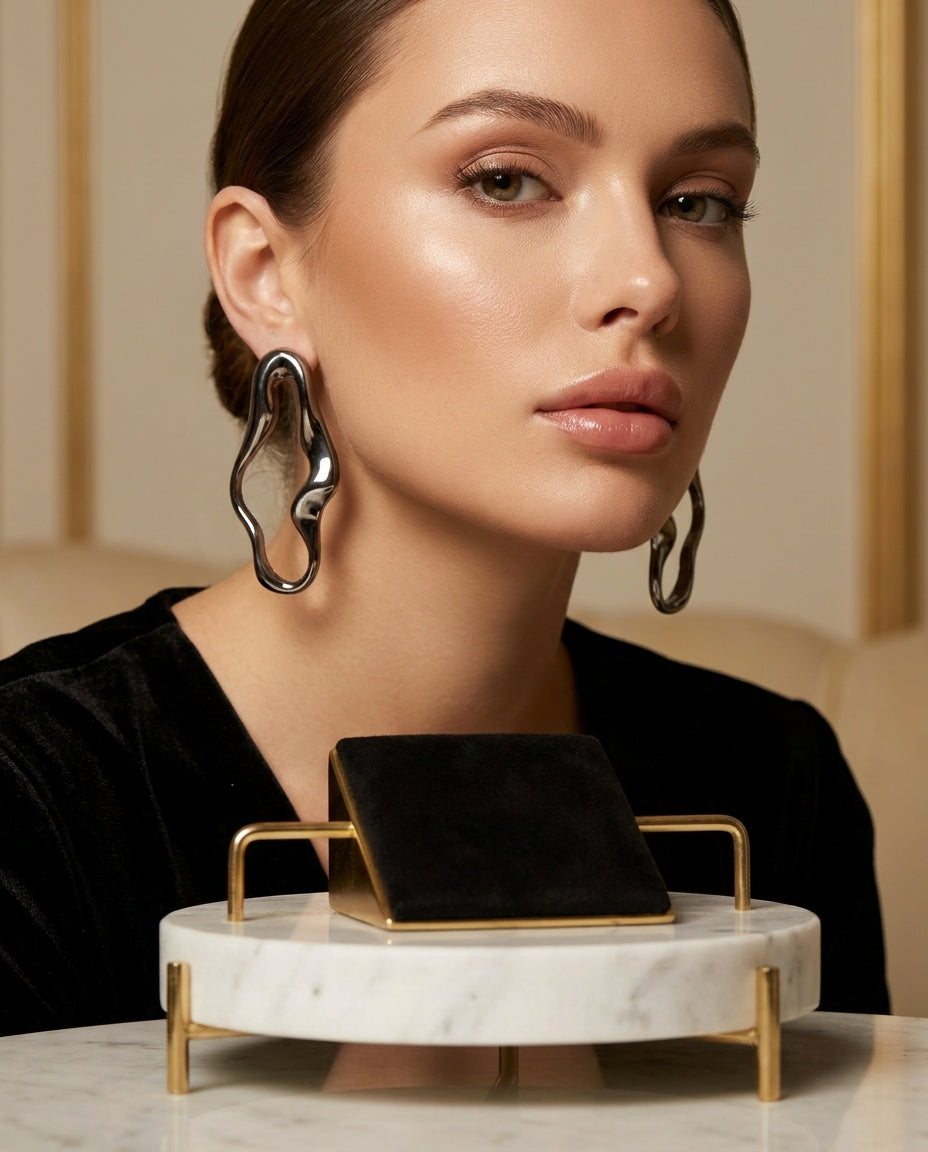 Silver Abstract Wavy Statement Earrings - Modern Sculptural Liquid Hoop Earrings for Women