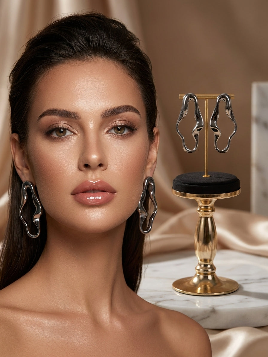 Silver Abstract Wavy Statement Earrings - Modern Sculptural Liquid Hoop Earrings for Women