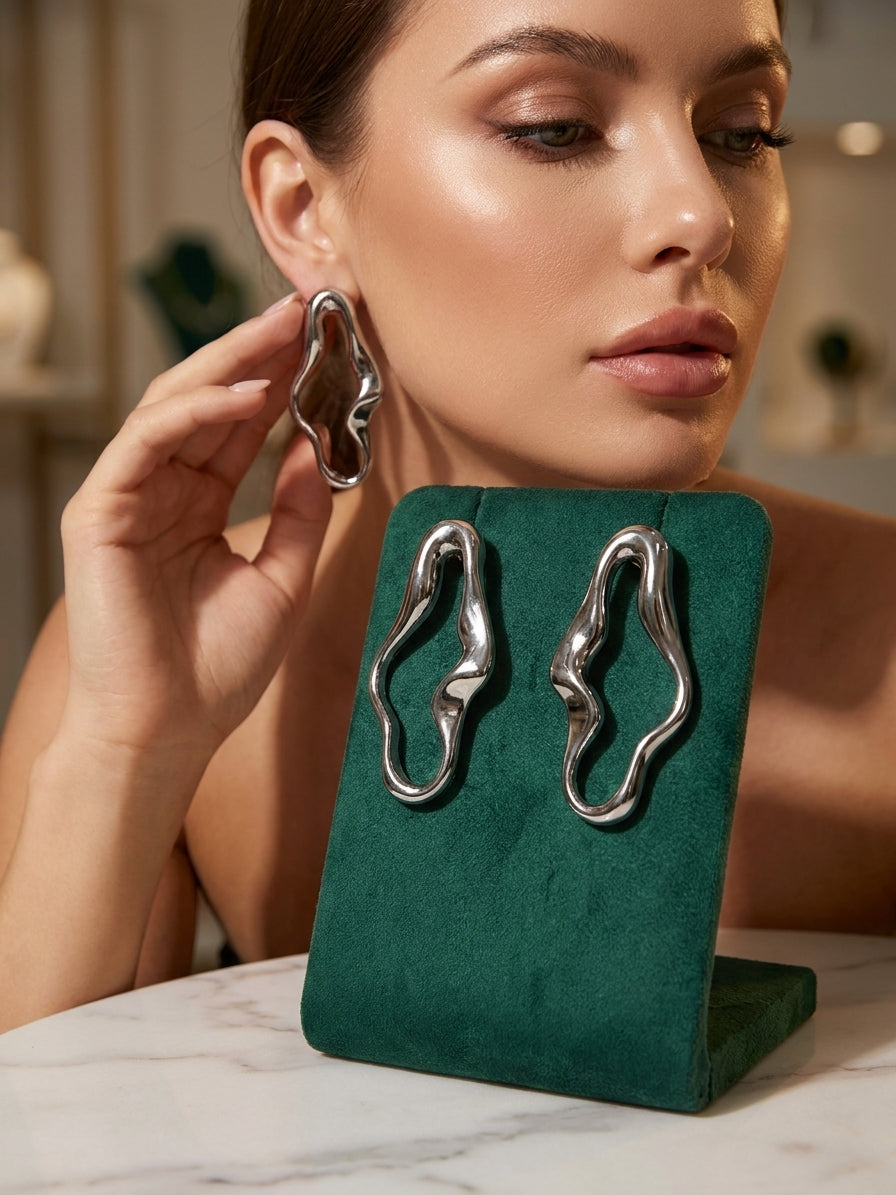 Silver Abstract Wavy Statement Earrings - Modern Sculptural Liquid Hoop Earrings for Women