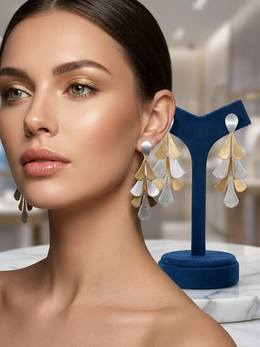 Two-Tone Gold and Silver Tiered Leaf Drop Earrings - Brushed Metal Statement Jewellery