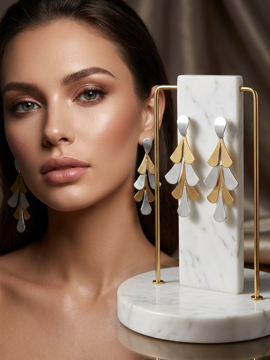 Two-Tone Gold and Silver Tiered Leaf Drop Earrings - Brushed Metal Statement Jewellery