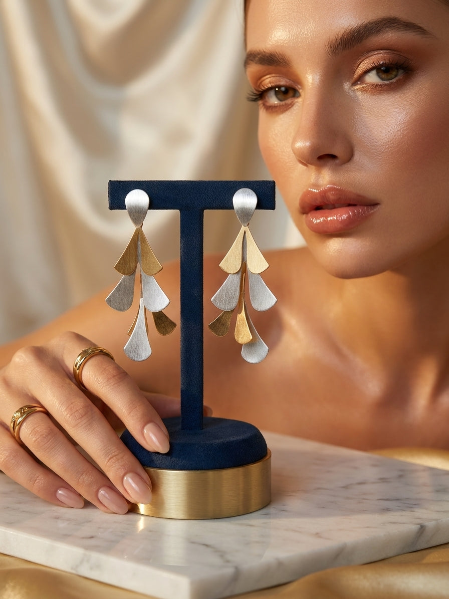 Two-Tone Gold and Silver Tiered Leaf Drop Earrings - Brushed Metal Statement Jewellery