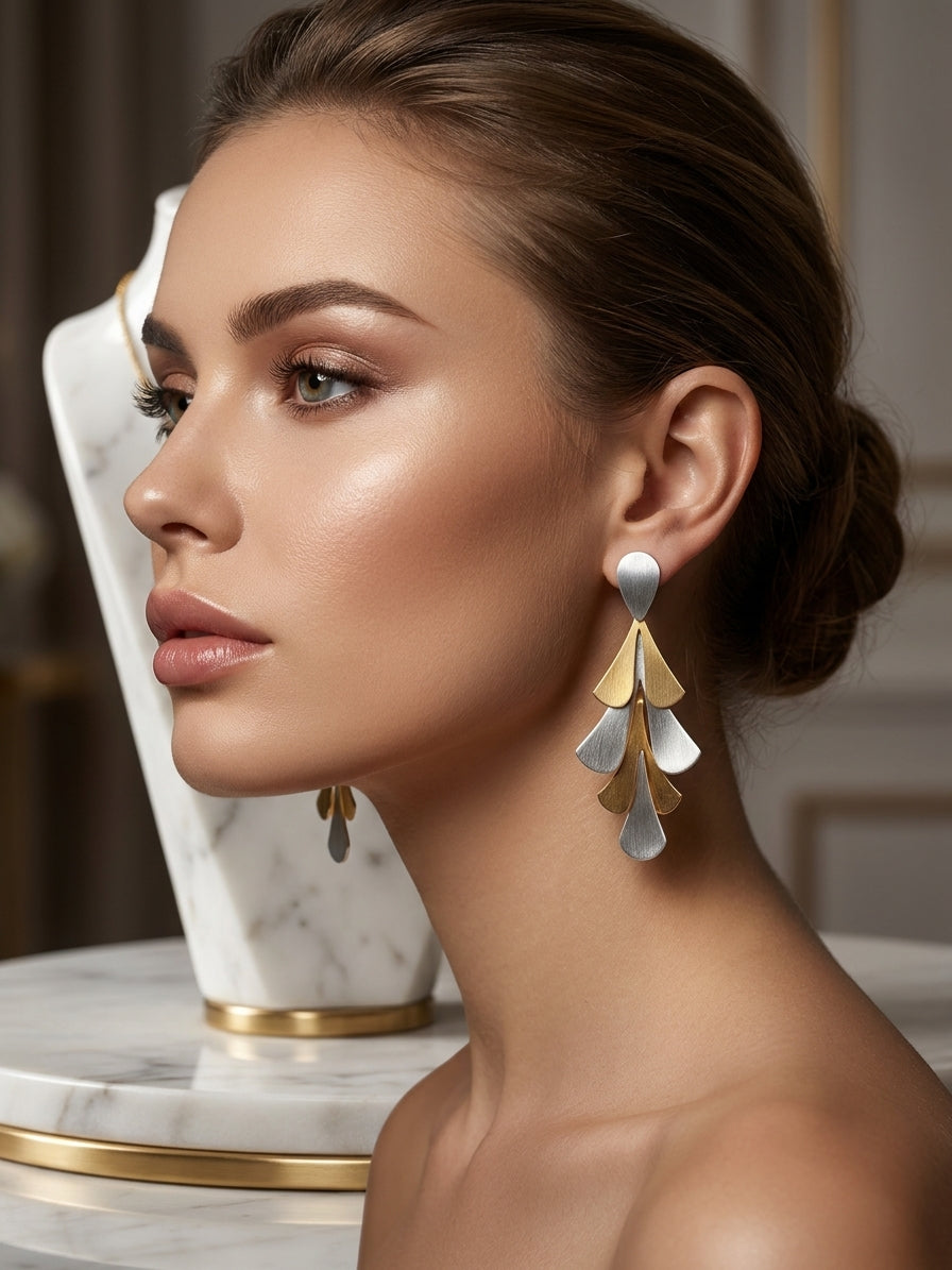 Two-Tone Gold and Silver Tiered Leaf Drop Earrings - Brushed Metal Statement Jewellery