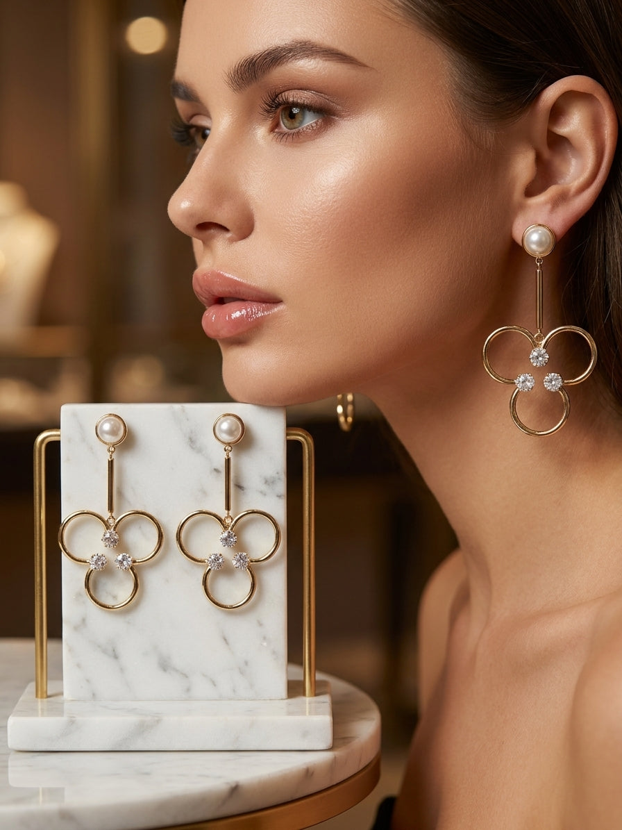 Elegant Gold-Toned Clover Dangle Earrings with Pearls and Crystals