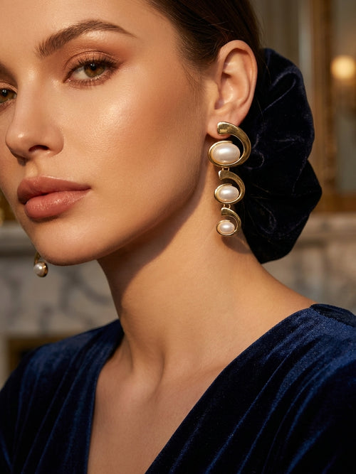 Elegant Gold-Tone Tiered Spiral Pearl Drop Earrings