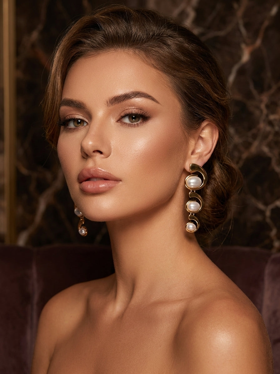 Elegant Gold-Tone Tiered Spiral Pearl Drop Earrings
