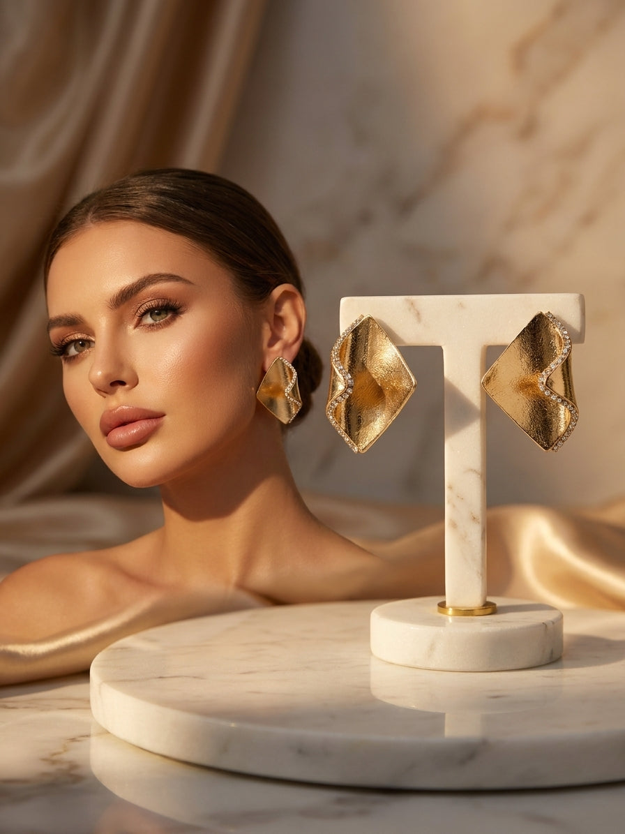 Gold Tone Geometric Abstract Statement Earrings with Rhinestone Accents