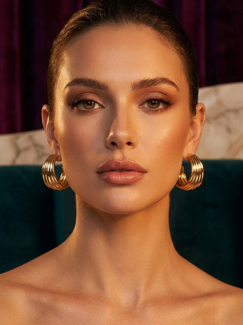 Chunky Gold Ribbed Statement Earrings - Vintage-Inspired Textured Crescent Studs