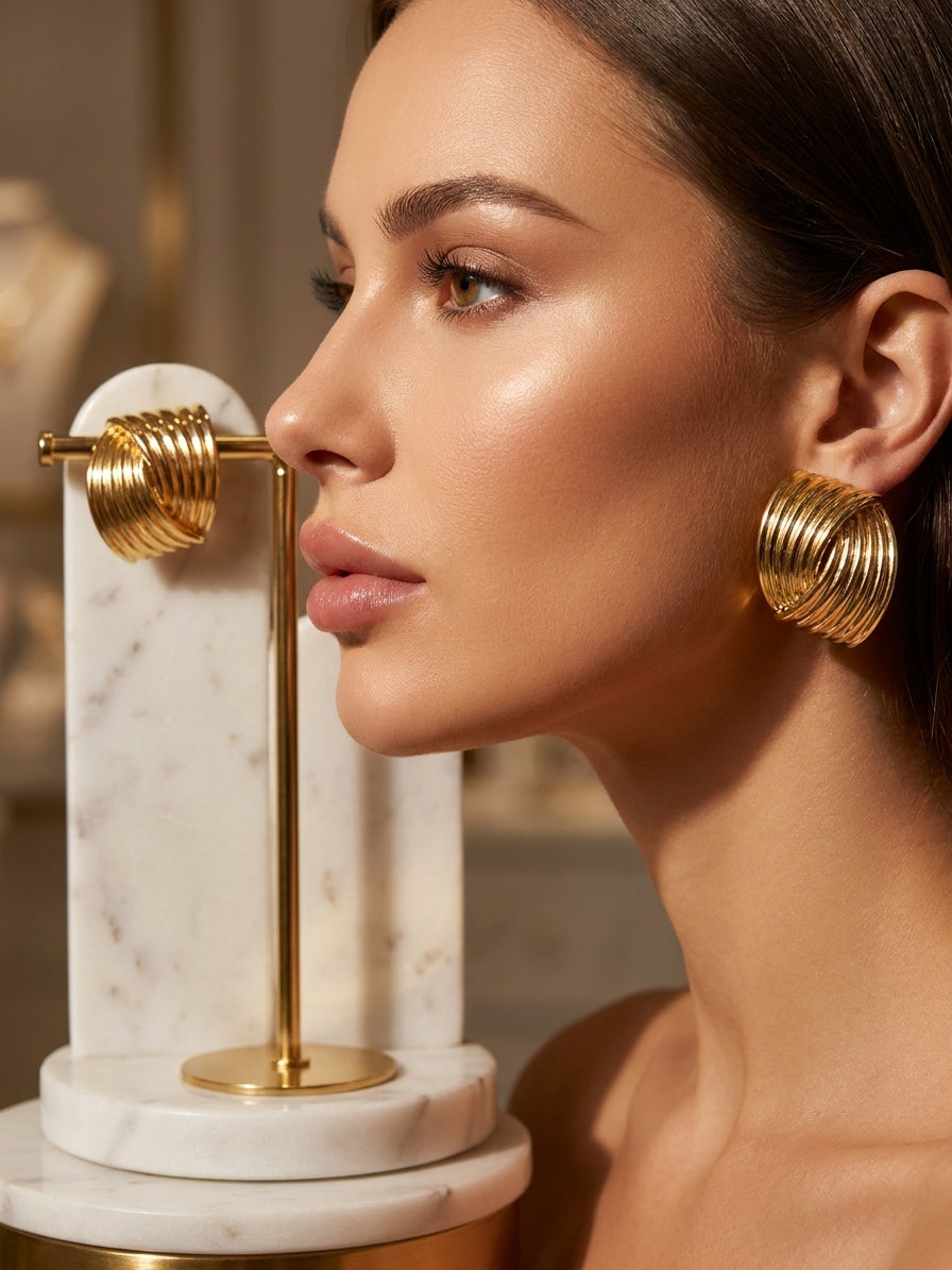 Chunky Gold Ribbed Statement Earrings - Vintage-Inspired Textured Crescent Studs