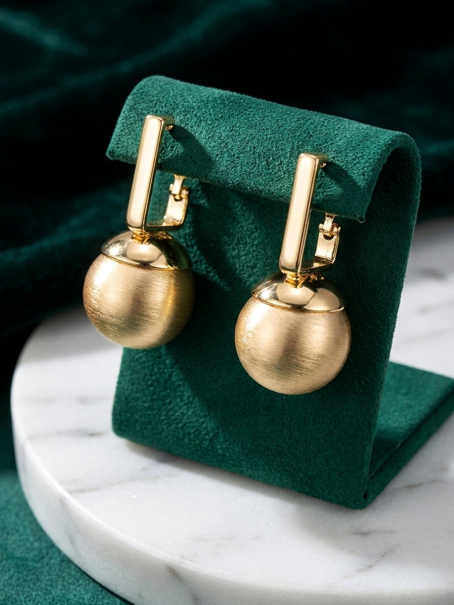 Modern Brushed Gold Geometric Drop Earrings - Matte Spherical Pendant