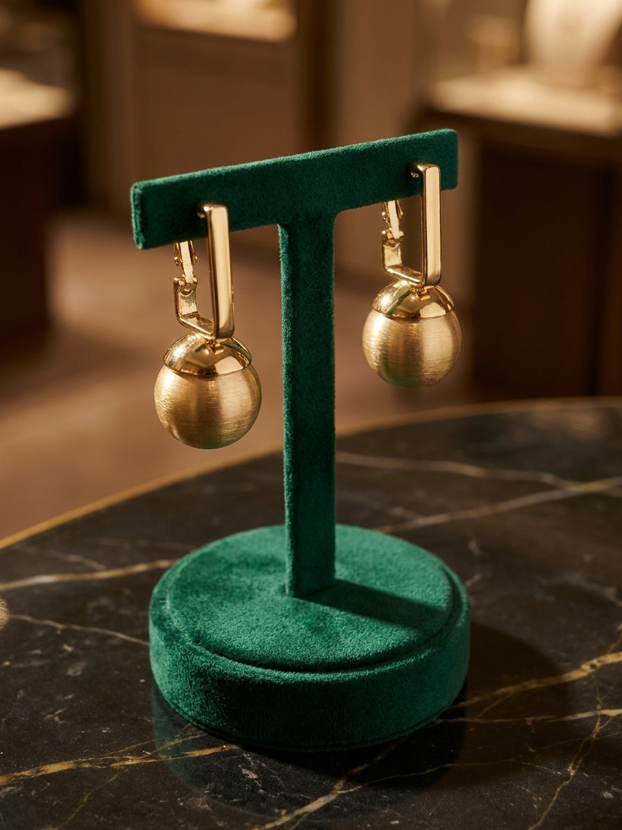 Modern Brushed Gold Geometric Drop Earrings - Matte Spherical Pendant
