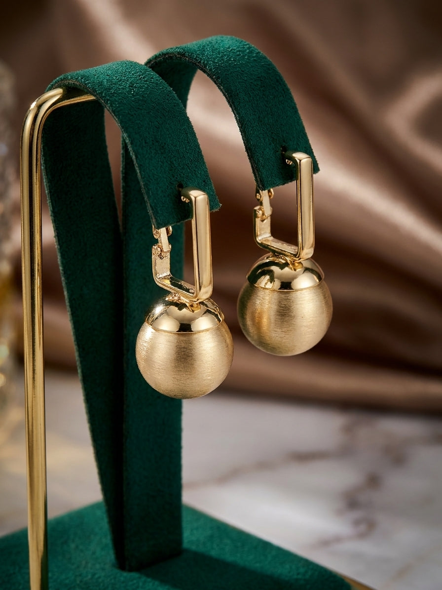 Modern Brushed Gold Geometric Drop Earrings - Matte Spherical Pendant