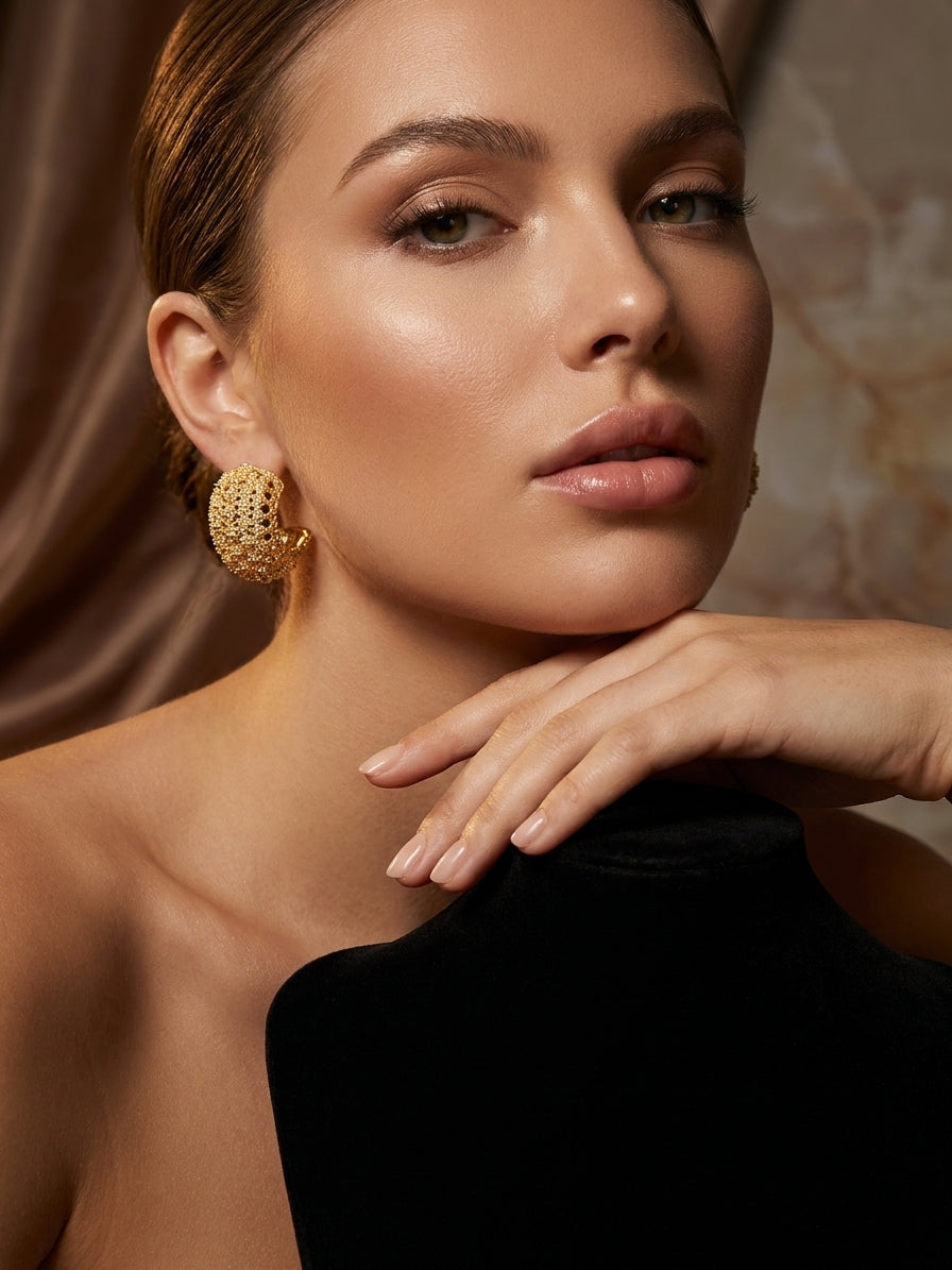 Modern Brushed Gold Geometric Drop Earrings - Matte Spherical Pendant