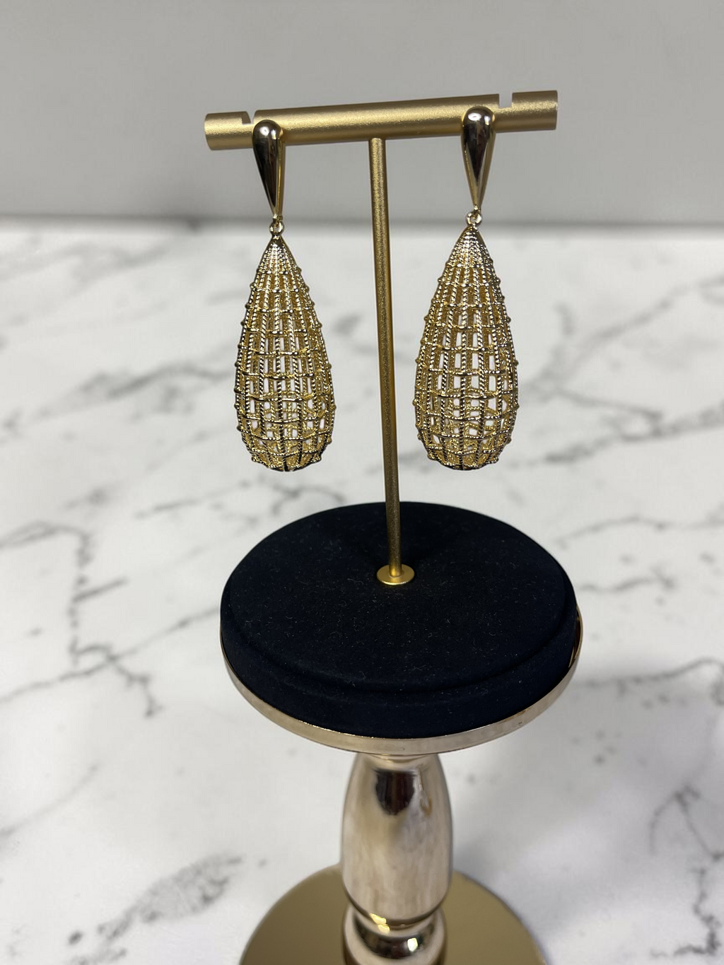 Gold Teardrop Mesh Drop Earrings Statement Dangle Evening Jewellery