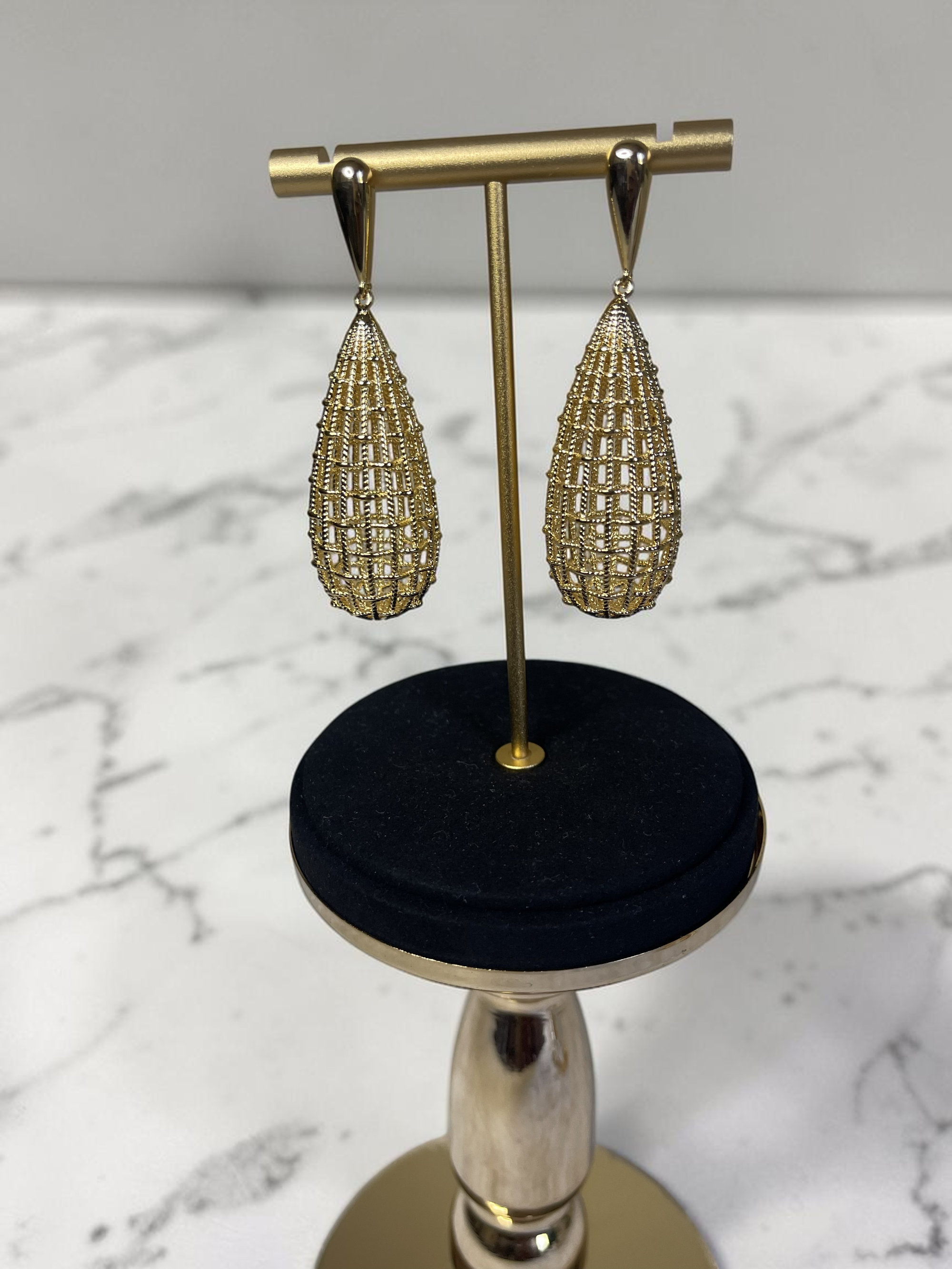 Gold Teardrop Mesh Drop Earrings Statement Dangle Evening Jewellery