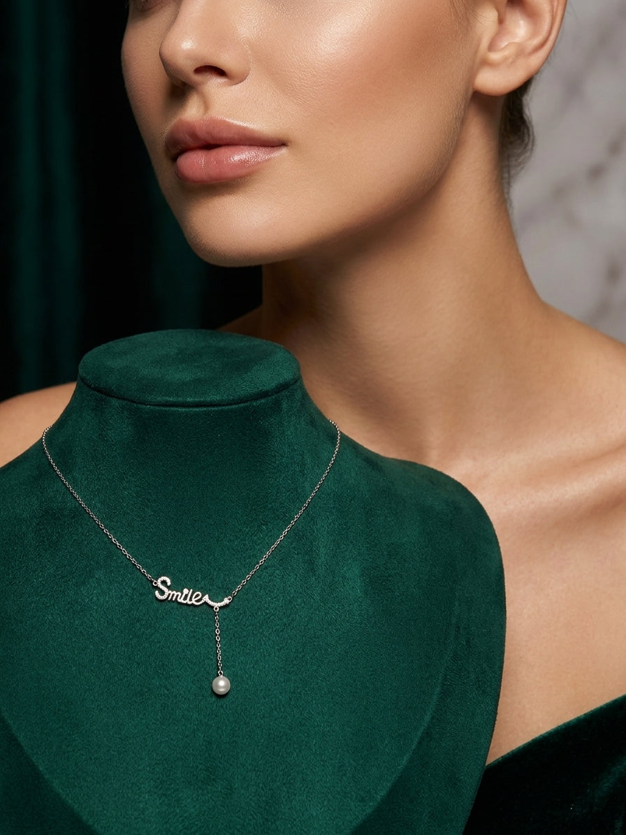 Silver-Tone 'Smile' Pendant Necklace with Crystal Accents and Pearl Drop