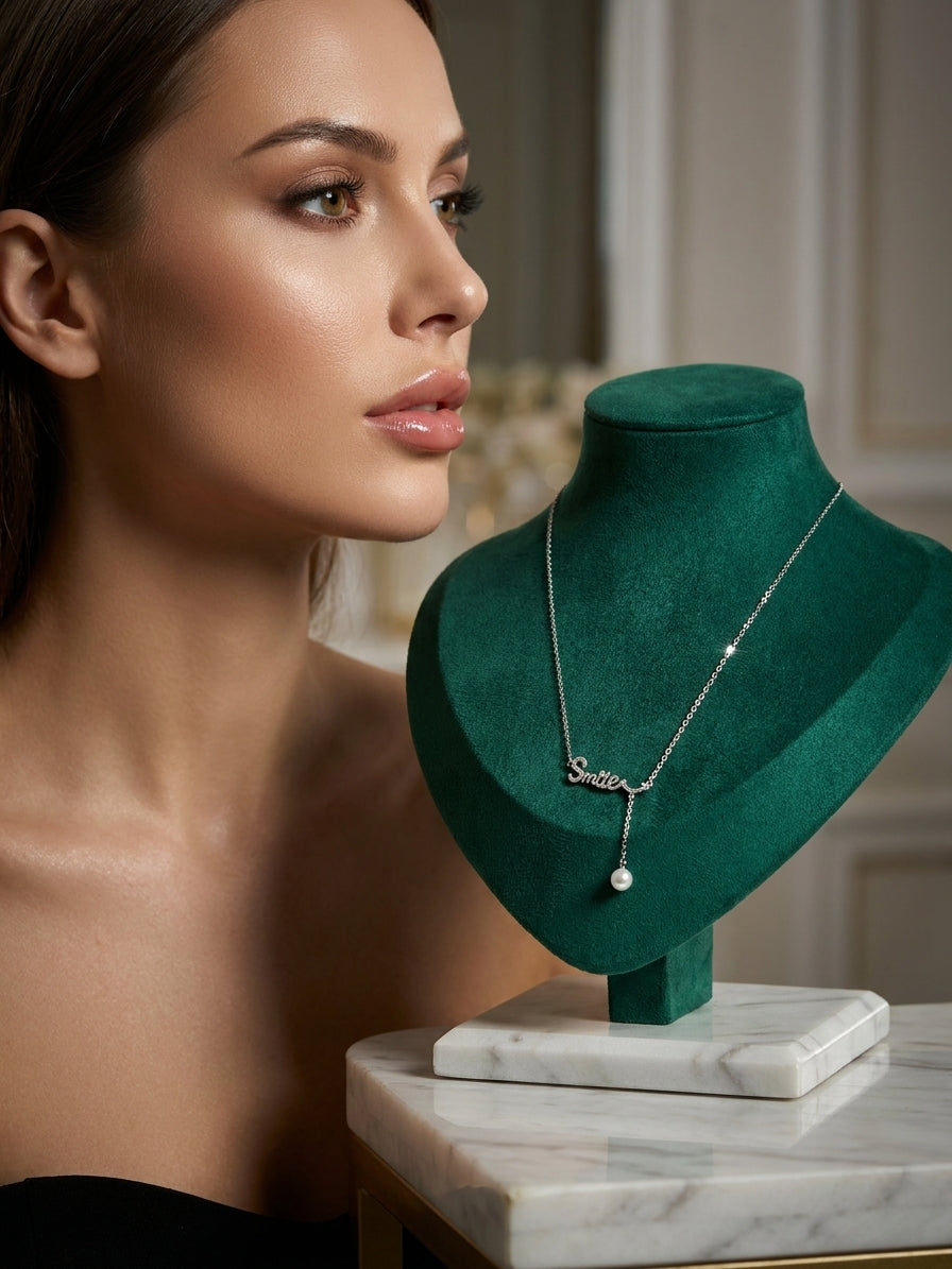 Silver-Tone 'Smile' Pendant Necklace with Crystal Accents and Pearl Drop