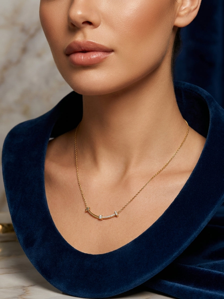 Elegant Curved Smile Bar Necklace with Sparkling Accents