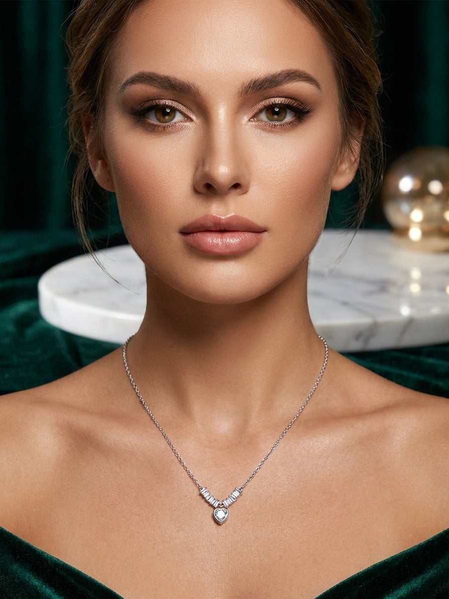 Elegant Silver Heart Pendant Necklace with Sparkling Baguette Accents