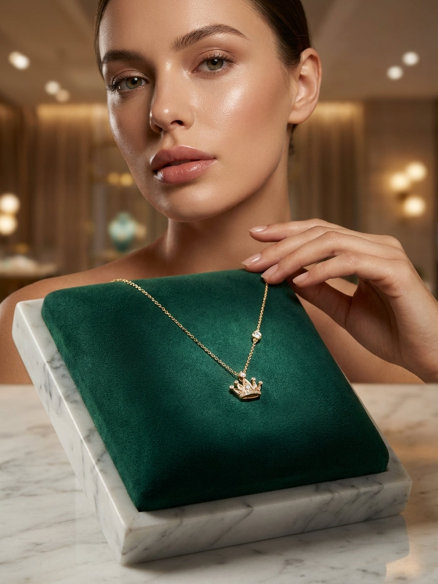 Gold-Tone Crown Pendant Necklace with Crystal Accents