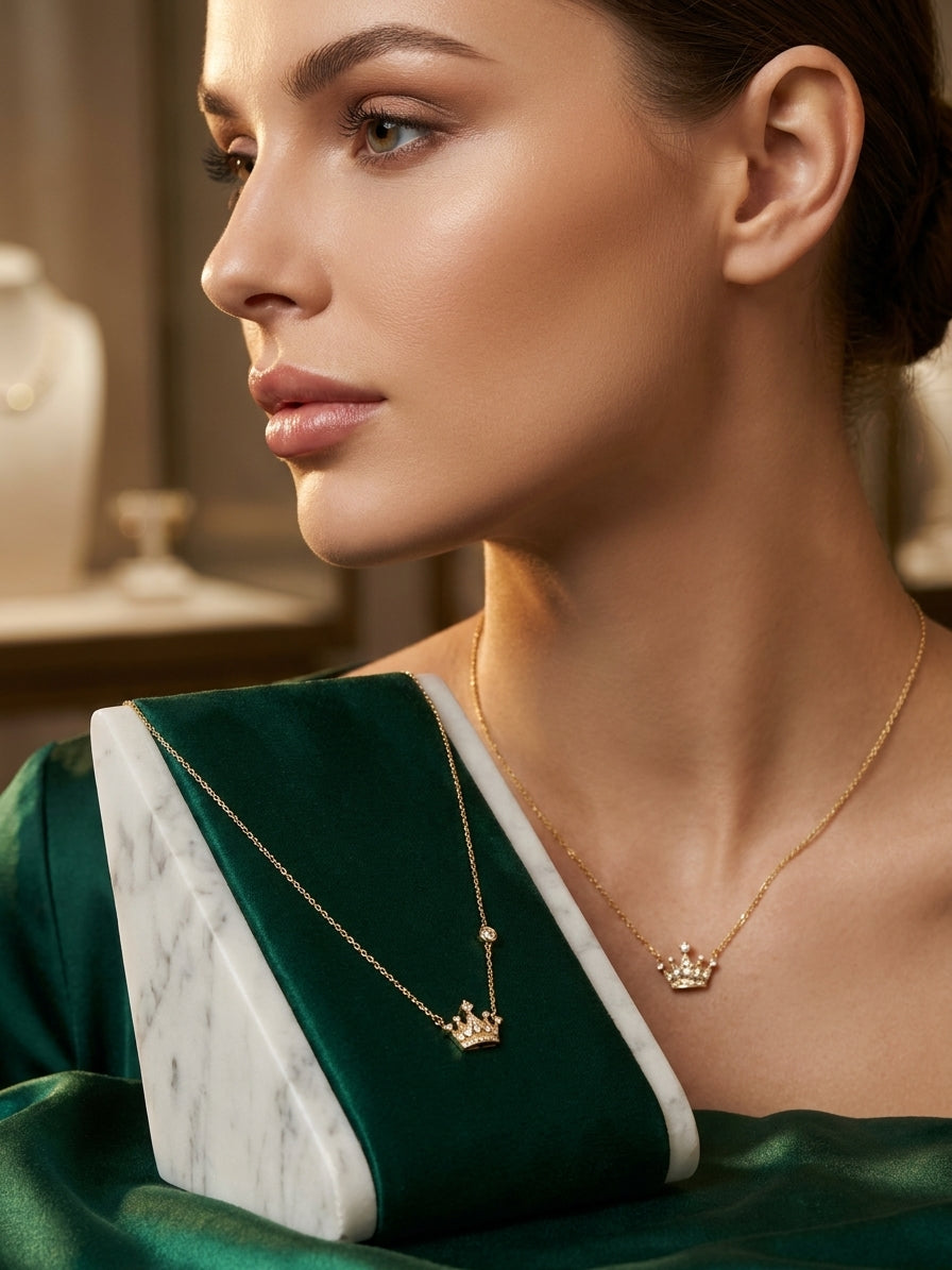 Gold-Tone Crown Pendant Necklace with Crystal Accents