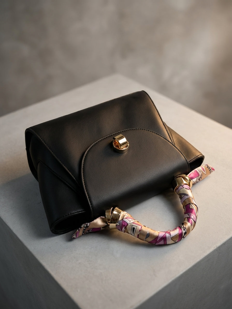 Black Chic Handbag with Scarf-Wrapped Handle and Gold Hardware