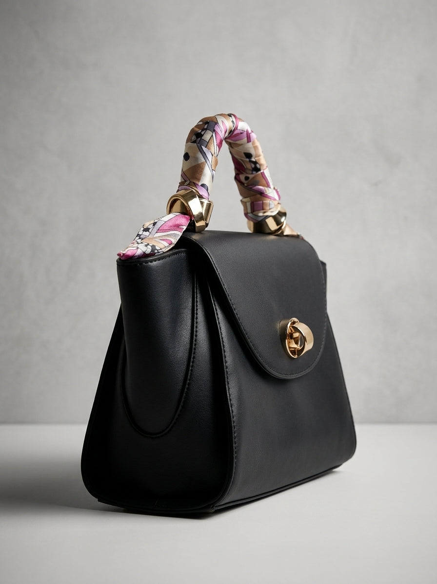 Black Chic Handbag with Scarf-Wrapped Handle and Gold Hardware