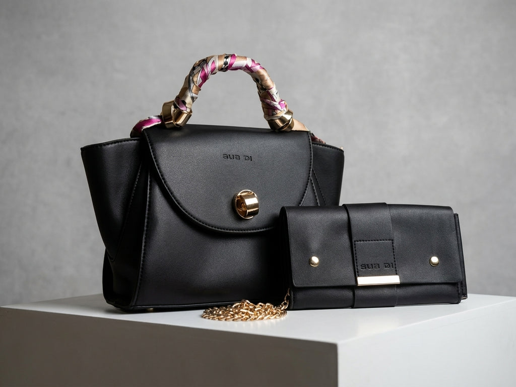 Navy Faux Leather Handbag and Matching Long Wallet Set with Scarf-Wrapped Handle