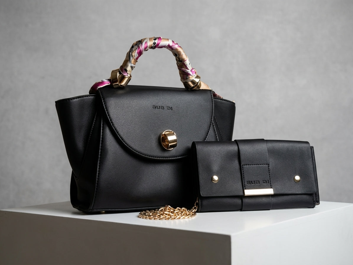 Navy Faux Leather Handbag and Matching Long Wallet Set with Scarf-Wrapped Handle