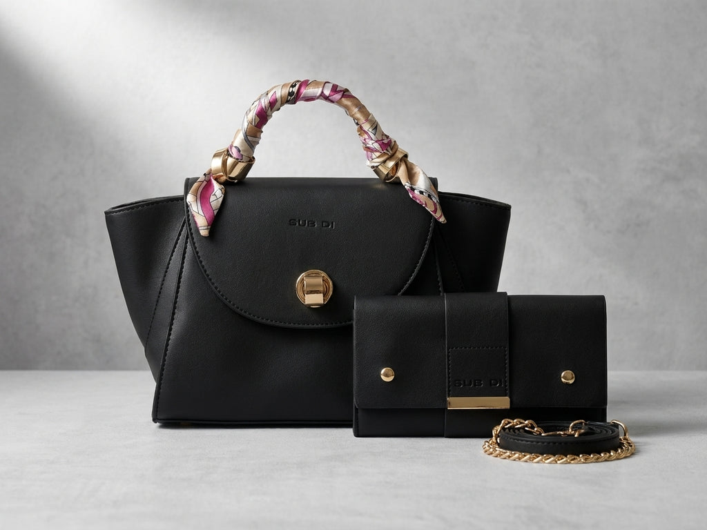Navy Faux Leather Handbag and Matching Long Wallet Set with Scarf-Wrapped Handle