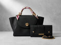 Navy Faux Leather Handbag and Matching Long Wallet Set with Scarf-Wrapped Handle
