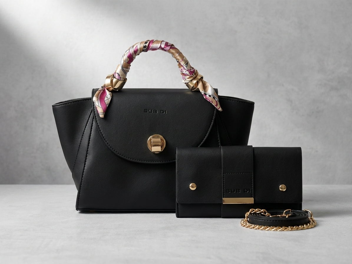 Navy Faux Leather Handbag and Matching Long Wallet Set with Scarf-Wrapped Handle