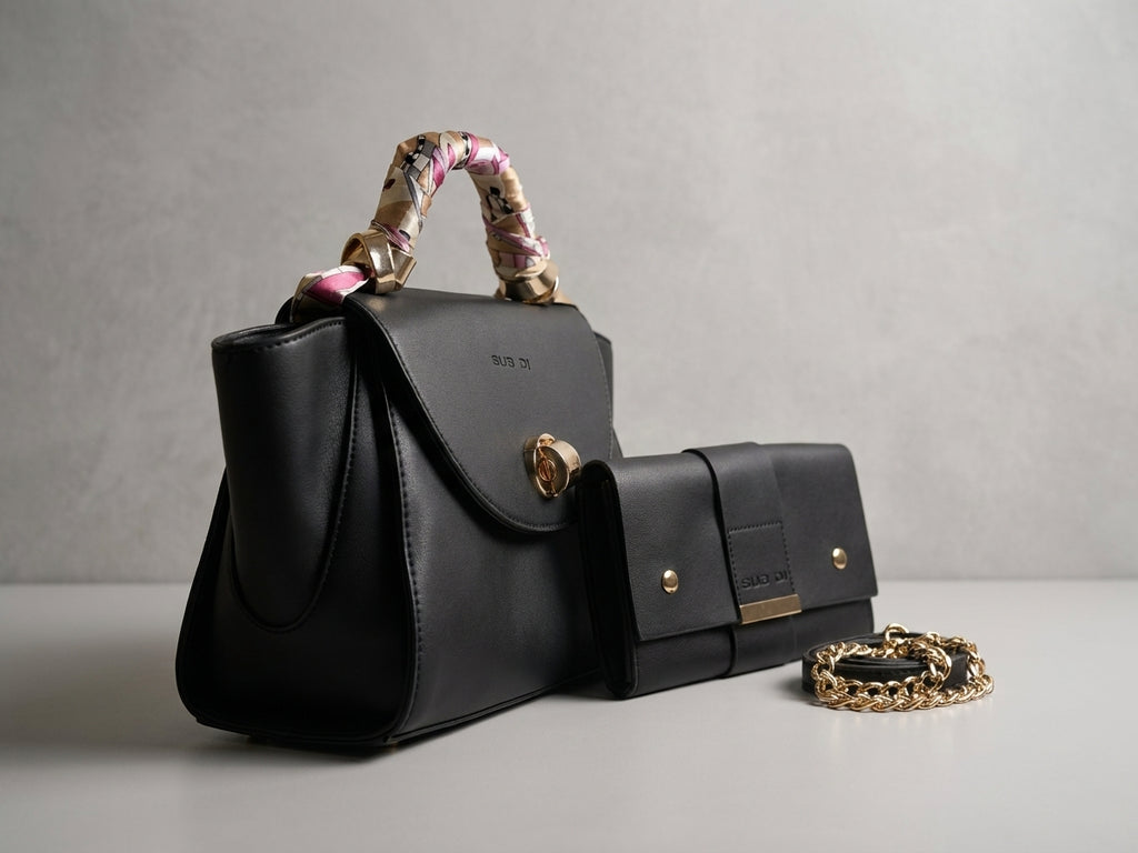 Navy Faux Leather Handbag and Matching Long Wallet Set with Scarf-Wrapped Handle