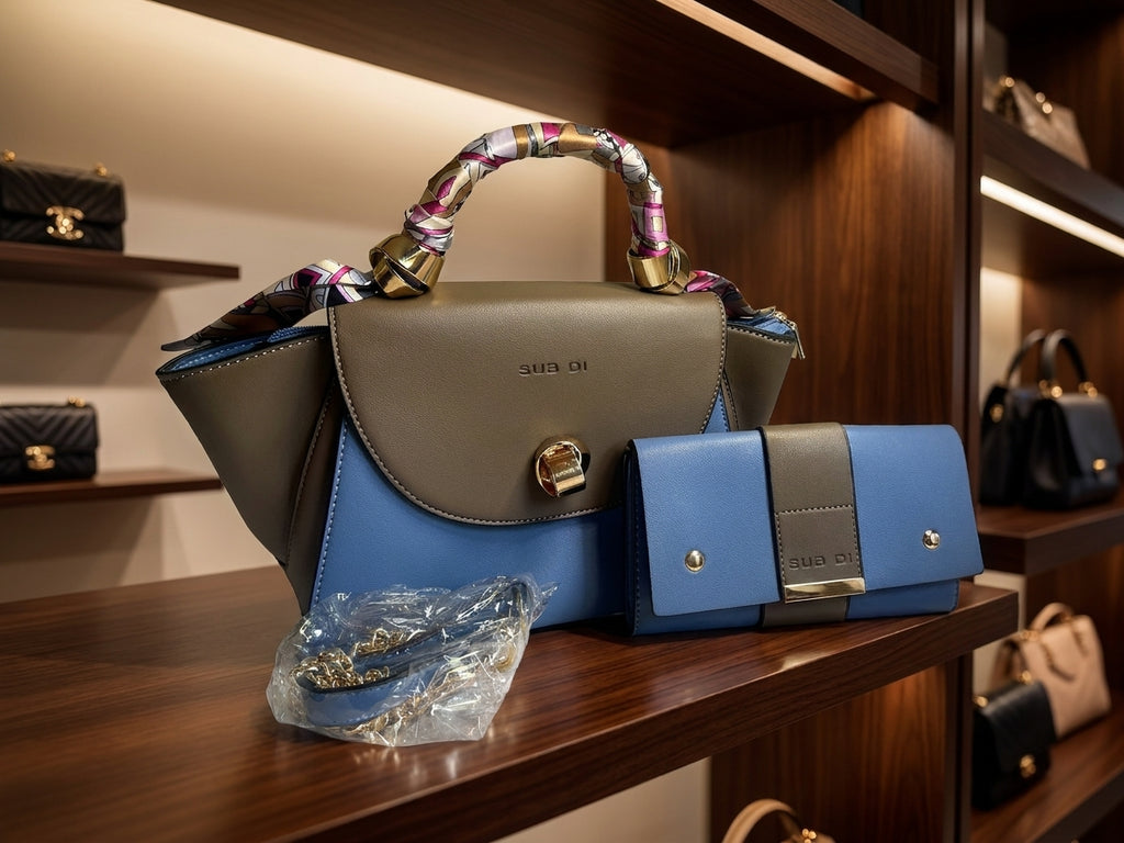 Elegant Two-Tone Handbag & Wallet Set with Scarf Handle - Blue/Taupe