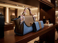 Elegant Two-Tone Handbag & Wallet Set with Scarf Handle - Blue/Taupe