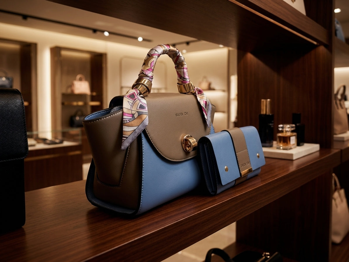 Elegant Two-Tone Handbag & Wallet Set with Scarf Handle - Blue/Taupe