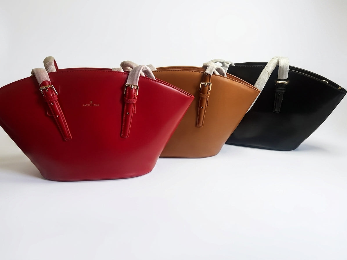 Large Fan-Shaped Leather Tote Bag for Women - Elegant Work and Travel Handbag