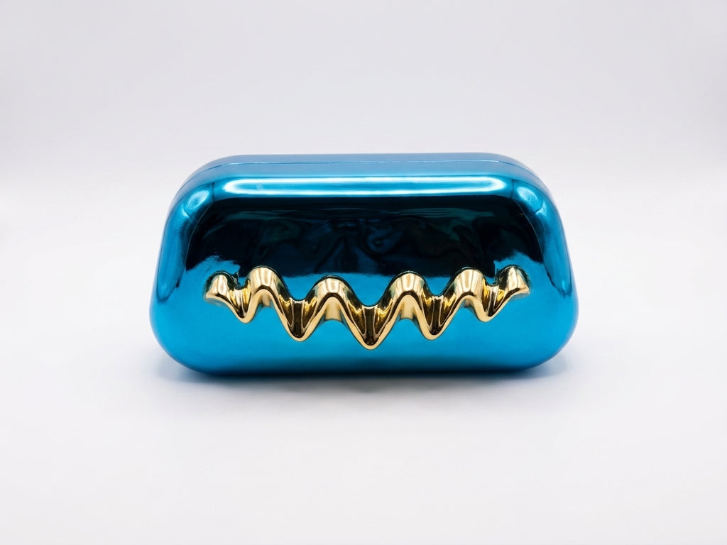 Metallic Hard Shell Clutch Bag with Gold Wavy Detail