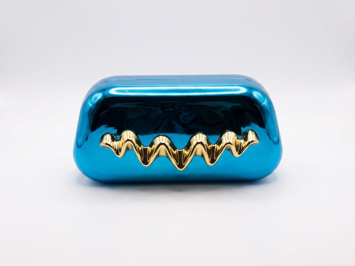 Metallic Hard Shell Clutch Bag with Gold Wavy Detail