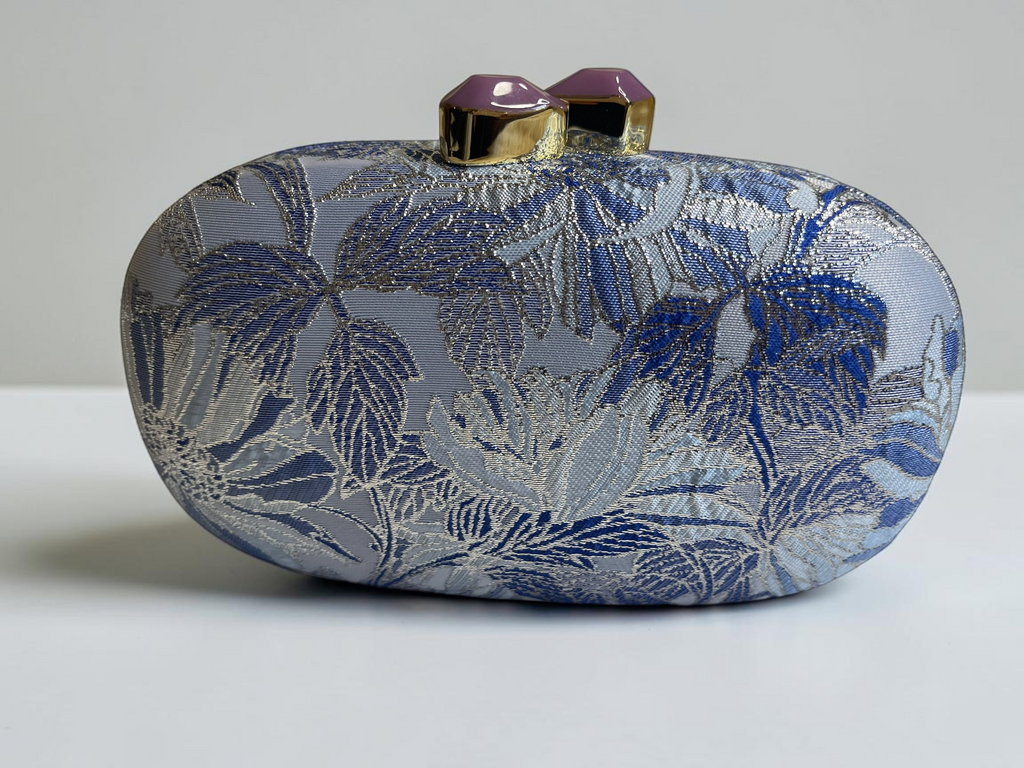 Blue and Silver Floral Brocade Evening Clutch Bag