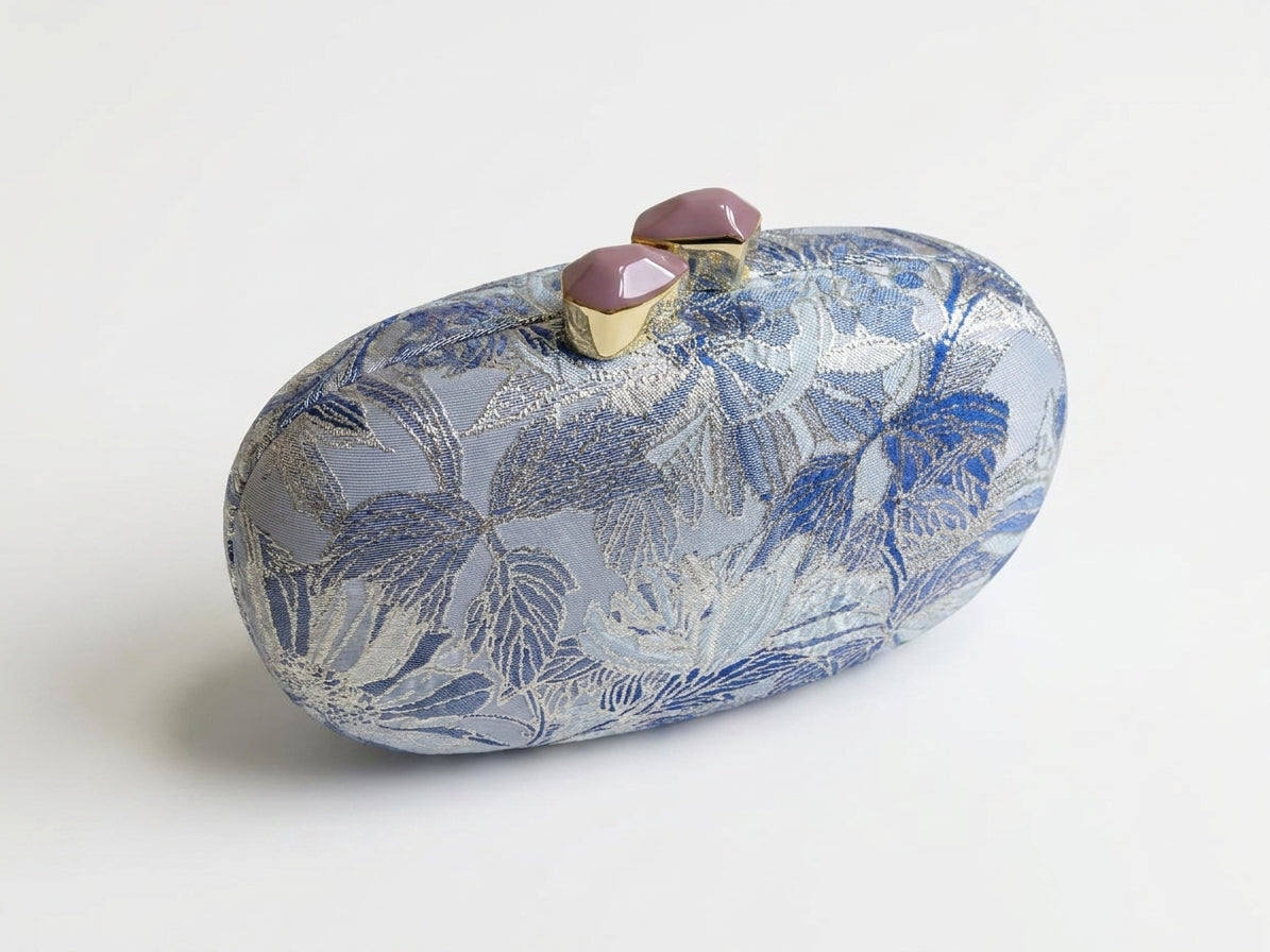 Blue and Silver Floral Brocade Evening Clutch Bag